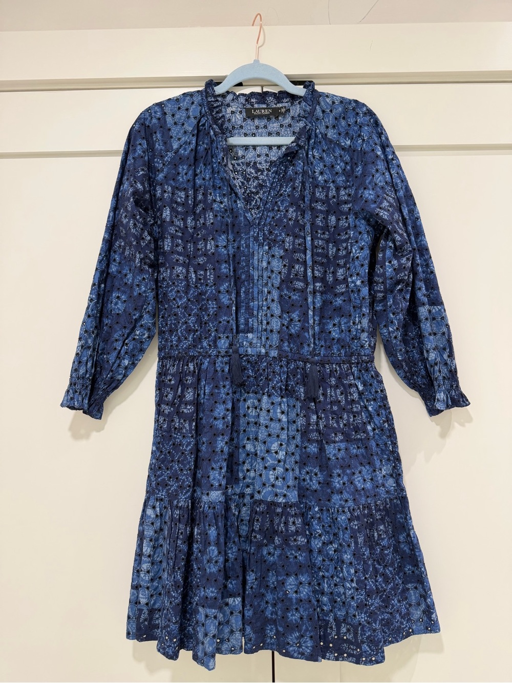 Lauren Ralph Lauren Blue Eyelet Boho Mini Dress Size 8 Lined Peasant Style